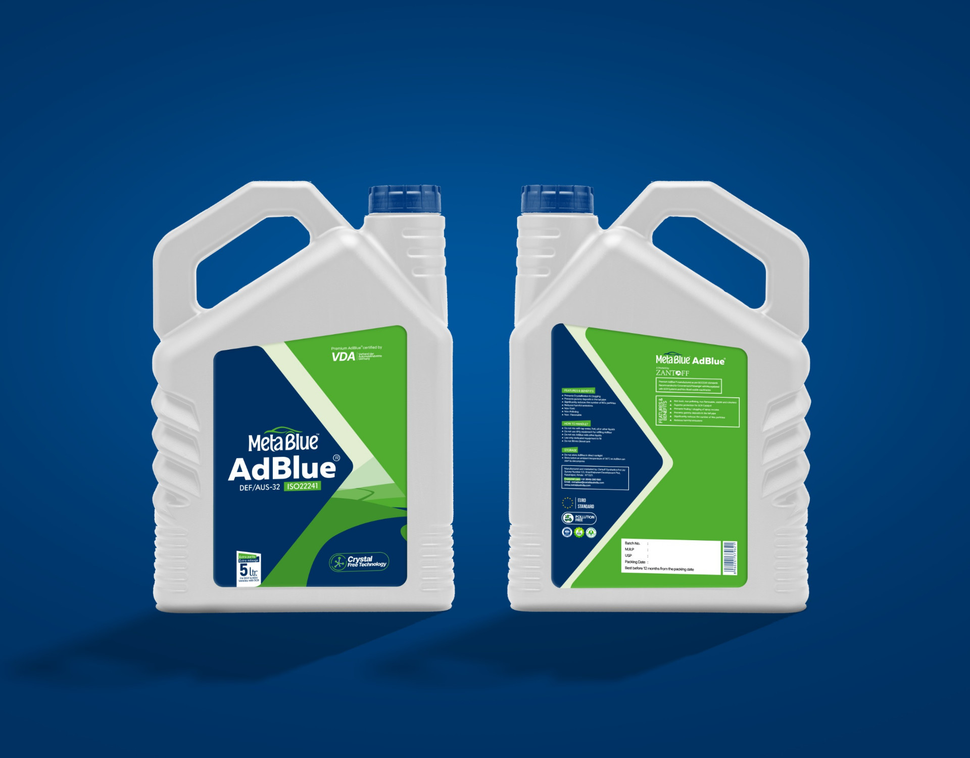 MetaBlue AdBlue 5L bottle — front and back label